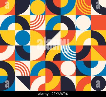 Bauhaus seamless pattern. Abstract square tiles with circle and triangle. Retro print in minimal style with geometric figure, vector texture Stock Vector