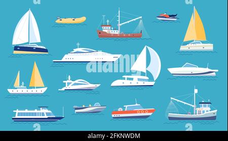 Yachts and sailboats. Small sea transport, motorboat and fishing ship. Flat marine regatta boat, ocean vessel with sail or motor, vector set Stock Vector