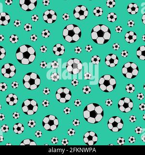 Black and white soccer balls on green background. Football seamless pattern. Cartoon sport vector illustration. Easy to edit design template for your Stock Vector