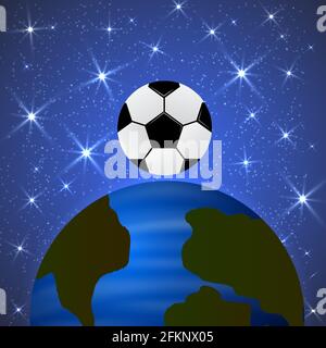 Planet Earth and a soccer ball in space. The concept of the World Cup. Football competitions vector illustration. The universe of sport. Easy to edit Stock Vector