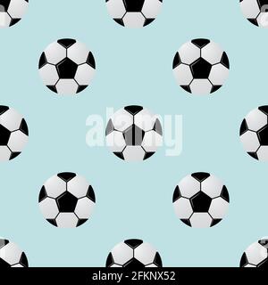 Black and white soccer balls on light blue background. Football seamless pattern. Cartoon sport vector illustration. Easy to edit design template for Stock Vector
