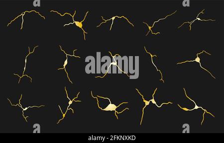 Gold Kintsugi crack set. Broken and crack effect, craquelure and damaged texture on black background. Vector illustrations can be used for kintsugi Stock Vector