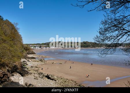 Glen Beach and Saundersfoot, seen from the Pembrokeshire Coast path near Saundersfoot, Pembrokeshire, Wales Stock Photo