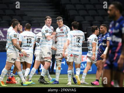 Donnacha Ryan of Racing 92 celebrates his try with Luke Jones and teammates during the French championship Top 14 rugby union match between Racing 92 and Stade Francais Paris on May 1, 2021 at Paris La Defense Arena in Nanterre near Paris, France - Photo Jean Catuffe / DPPI Stock Photo