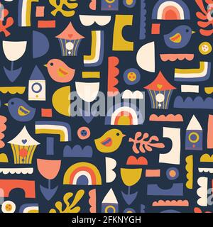 Childish seamless vector pattern with hand drawn Scandinavian style birds, birdhouse, rainbow, flower.  Stock Vector