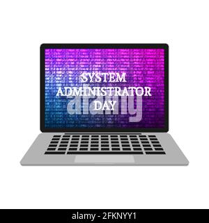 Realistic laptop isolated on white. Screen saver binary code. System Administrator Appreciation Day concept. SysAdmin day banner. Vector template for Stock Vector