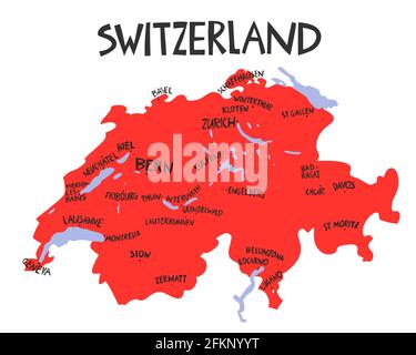 Vector hand drawn stylized map of Switzerland. Travel illustration of The Swiss Confederation cities. Hand drawn lettering illustration. Europe map el Stock Vector