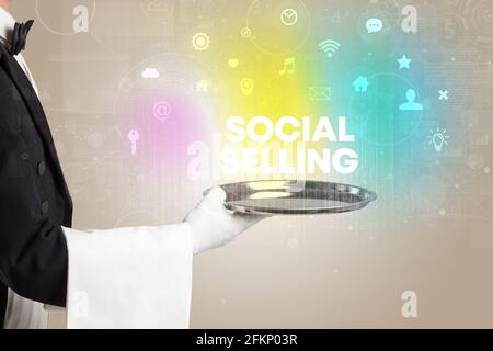 Waiter serving social networking concept Stock Photo