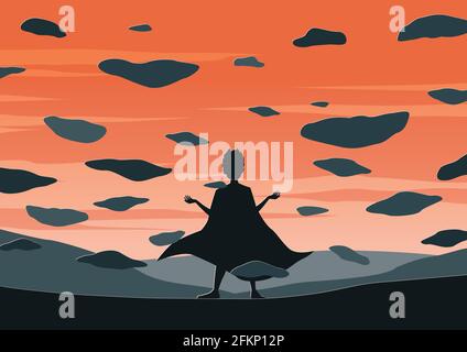 Fantasy silhouette art of fighter release power until stones flow,vector illustration Stock Vector