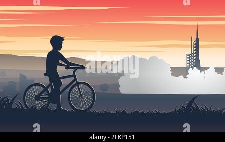 Story telling of  silhouette art of boy riding bike and stop to look rocket releasing,vector illustration Stock Vector