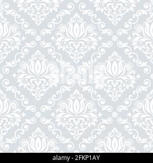 Luxury Damask wallpaper or fabric print pattern, retro textile vector design, royal elegant decor is white on silver gray background Stock Vector