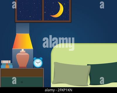 Cozy room at night with lighted lamp and moon in the window Stock Vector