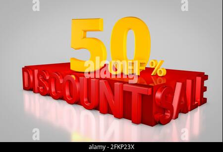 50% Off Discount Sale 3D Text Render in red and yellow colors - 3D Illustration Stock Photo