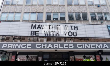 The Prince Charles Cinema advertising their opening date after lockdown with a sign saying May the 17th be with you. London Stock Photo