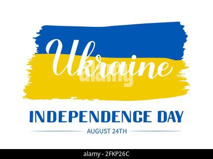 Ukraine Independence Day calligraphy hand lettering with flag isolated on white. National holiday celebrated on August 24. Vector template for typogra Stock Vector
