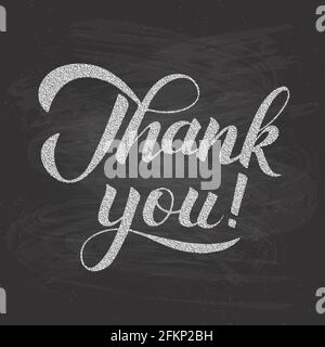 Thank you calligraphy hand lettering on chalkboard background. Grunge vector illustration. Easy to edit template for wedding thank you cards, tags, ba Stock Vector