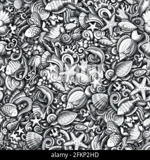 Cartoon doodles Sea Life seamless pattern. Backdrop with underwater symbols and items. Monochrome detailed background for print on fabric, textile, ph Stock Vector