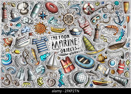 Colorful vector hand drawn doodle cartoon set of Marine theme items, objects and symbols Stock Vector