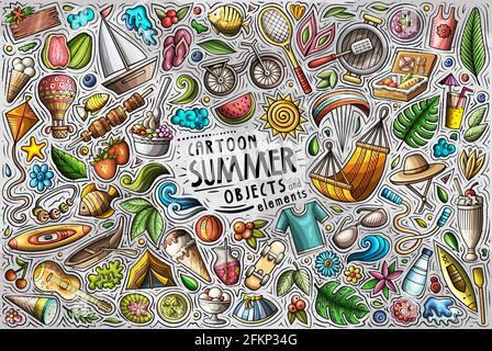 Colorful vector hand drawn doodle cartoon set of Summer theme items, objects and symbols Stock Vector