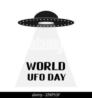 World UFO day lettering with flying saucer or spaceship in space ...