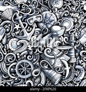 Cartoon doodles Nautical seamless pattern. Stock Vector