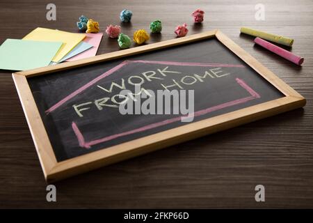 Work From Home word on blackboard written in chalk, Coronavirus concept. Stock Photo