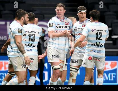 Donnacha Ryan of Racing 92 celebrates his try with Luke Jones and teammates during the French championship Top 14 rugby union match between Racing 92 and Stade Francais Paris on May 1, 2021 at Paris La Defense Arena in Nanterre near Paris, France - Photo Jean Catuffe / DPPI Stock Photo