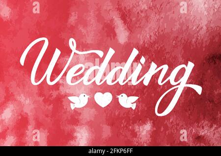 Writing Wedding on watercolor texture background. Hand drawn with brush calligraphy lettering. Easy to edit vector template for wedding invitations or Stock Vector