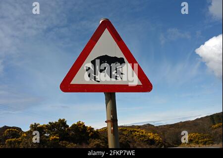 Frog warning sign with black frog icon on white background in red triangle. Background of countryside, blue sky and clouds. Scotland, UK. Stock Photo