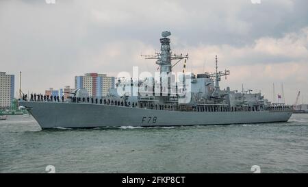 The Royal Navy Type 23 Duke Class frigate HMS Kent (F78) departed Portsmouth, UK during a hail storm on 1/5/2021 to join the UK Carrier Strike Group. Stock Photo