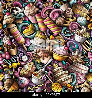 Cartoon doodles Desserts seamless pattern. Stock Vector