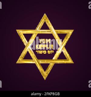 Yom Kippur (Day of Atonement) Jewish holiday vector illustration with lettering and gold star of David on dark background. Vector template for typogra Stock Vector