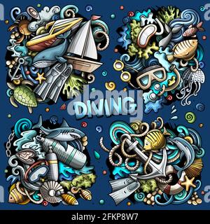 Diving cartoon vector doodle designs set. Stock Vector