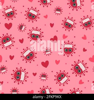 Covid Valentines Day seamless pattern. Cute virus wearing protective mask. Coronavirus pandemic concept. Social distancing love vector background for Stock Vector
