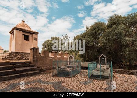 two tombs in Church of Our Lady St. Mary of Zion, the most sacred place for all Orthodox Ethiopians in Axum, Ethiopia. Stock Photo