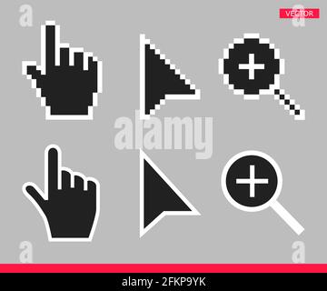 Black and white arrow, hand and magnifier non pixel mouse cursor icons vector illustration set Stock Vector