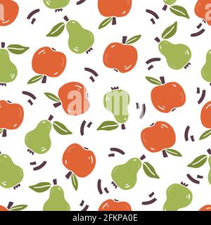 Hand drawn seamless pattern of simple pear, apple. Doodle sketch style. Fruit pattern for food shop, wallpaper, background, textile design Stock Vector