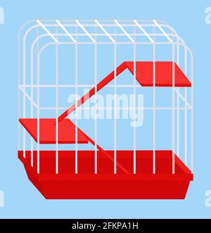 Hamster cage, red plastic pet equipment isolated on blue. Cartoon flat vector illustration of animal house. Stock Vector