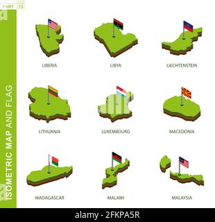 Set of 9 isometric map and flag, 3D vector isometric shape of Liberia, Libya, Liechtenstein, Lithuania, Luxembourg, Macedonia, Madagascar, Malawi, Mal Stock Vector