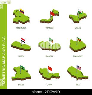 Isometric map and flag of Yemen. 3D isometric shape of Yemen. Vector ...