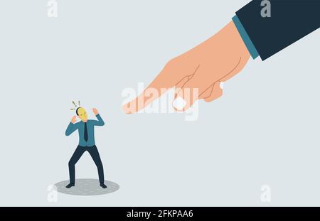 Vector illustration of a frightened man hiding his identity. A hand pointing at the impostor. Stock Vector