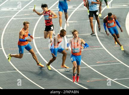 Silesian Stadium, Chorzow, Poland. 2nd May, 2021. World Athletics Relays 2021. Day 2; Van Diepen runs off to celebrate with his team mates Angela, Dobber and Bonevacia to celebrate winning the mens 4 x 100 Credit: Action Plus Sports/Alamy Live News Stock Photo