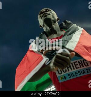 Silesian Stadium, Chorzow, Poland. 2nd May, 2021. World Athletics Relays 2021. Day 2; Ochieng, Silver medalist for Kenya in the 4 x 200 wrapped in Kenyan flag Credit: Action Plus Sports/Alamy Live News Stock Photo