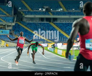Silesian Stadium, Chorzow, Poland. 2nd May, 2021. World Athletics Relays 2021. Day 2; Ochieng of Kenya crosses the line as Kenya win silver in the mens 4 x200m relays Credit: Action Plus Sports/Alamy Live News Stock Photo