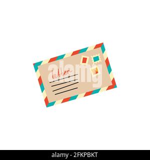 Vector illustration of funky retro airmail envelope with stamp isolated on white background. Stock Vector
