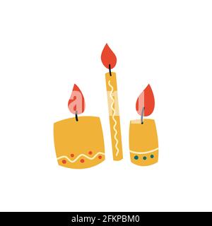 Cartoon of a candle on a white background. Set of yellow candles with flames in Cartoon style. Vector illustration. Stock Vector