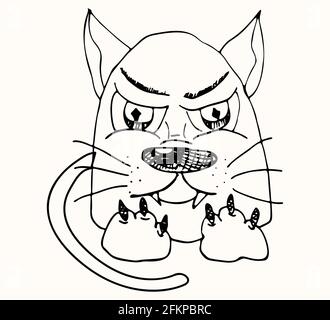 Displeased and angry cat character drawn with marker. Cartoon character, imitation of a childs drawing. Stock Vector