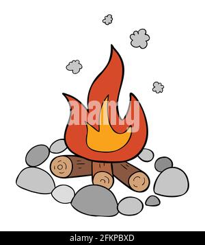 Cartoon vector illustration of campfire, stones, firewood and burning fire. Stock Vector