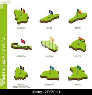 Set of 9 isometric map and flag, 3D vector isometric shape of Belgium, Belize, Benin, Bermuda, Bhutan, Bolivia, Bosnia and Herzegovina, Botswana, Braz Stock Vector