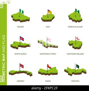 Set of 9 isometric map and flag, 3D vector isometric shape of Nigeria, Niue, Norfolk Island, North Korea, Northern Cyprus, Northern Ireland, Norway, O Stock Vector